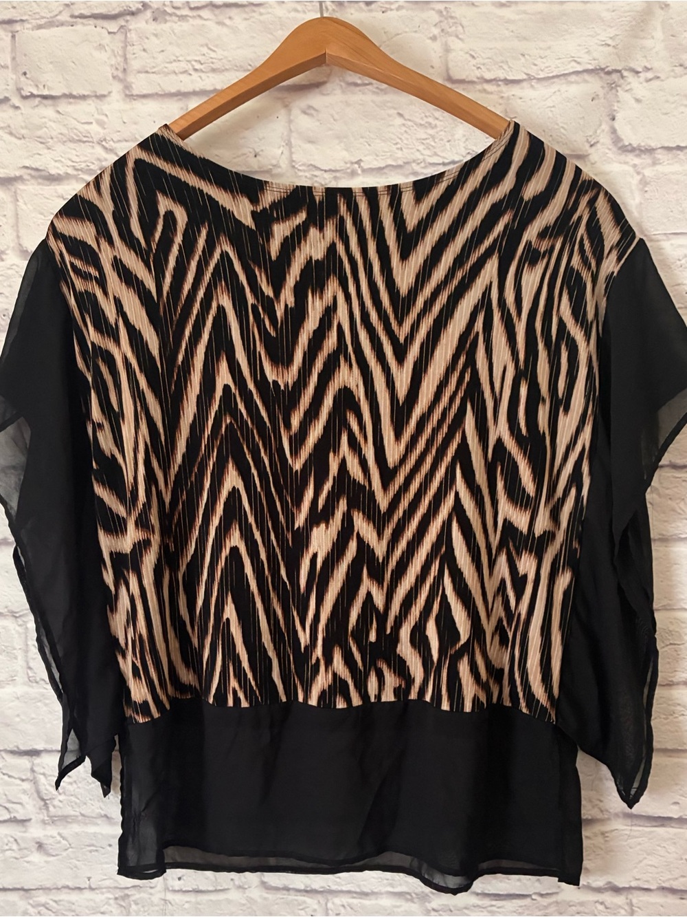 Traveler’s by Chico’s Women’s Black & Beige Patterned Blouse - Sheer Sleeve Top